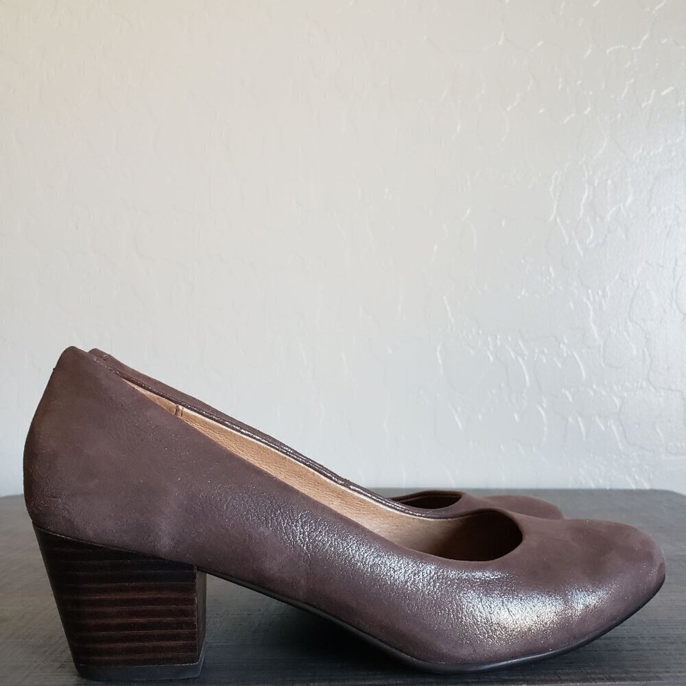 Sofft Lindon Block Heel Leather Pumps Metallic Taupe Women's 7.5 Slip-On Comfort